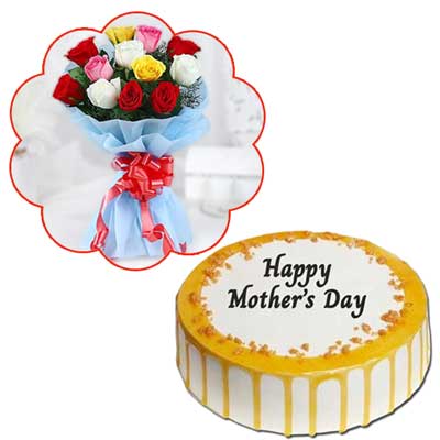 "Round shape Butterscotch cake -1kg, Mixed Roses Flower bunch - Click here to View more details about this Product